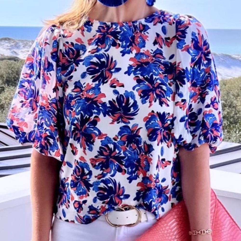 THML White Floral Puff-Sleeve Top with Blue & Red/Pink Print